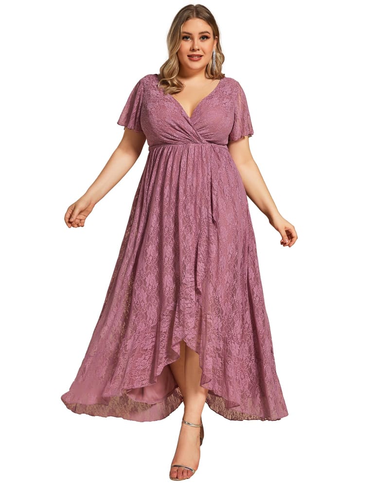 Front of a model wearing a size 14 Short Sleeve Ruffled V-Neck A-Line Lace Evening Dress in Purple Orchid by Ever-Pretty. | dia_product_style_image_id:293136